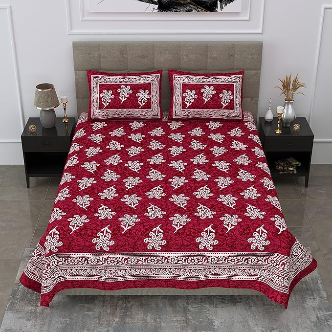 Colorish Floral 144 TC 100% Cotton Double Bedsheet with 2 Pillow Covers | Burgundy