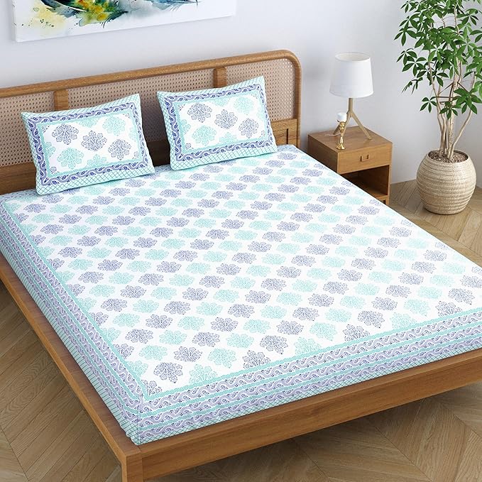 Colorish Jaipuri Traditional Floral Printed Bed Sheet With 2 Pillow Covers | Spectral Blue