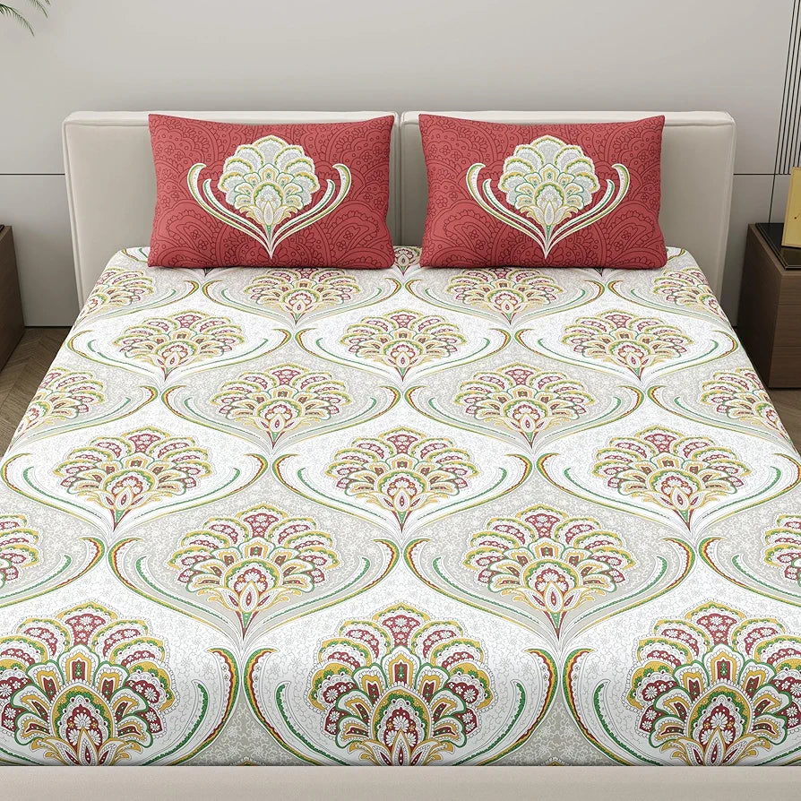 Dreamscape Cotton King Fitted Printed Bedsheet with 2 Pillow Covers Barn Red
