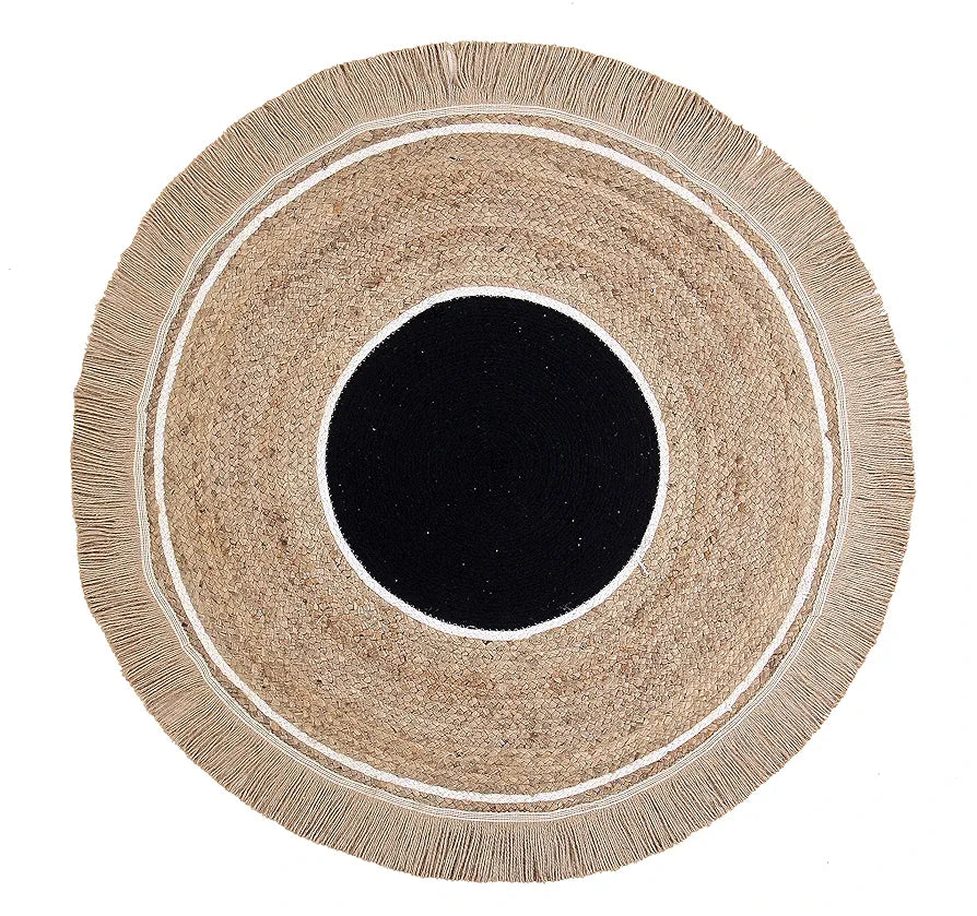 Sashaa World JuteRugs Indian Handmade Braided Round Carpet Colour Black & Beige