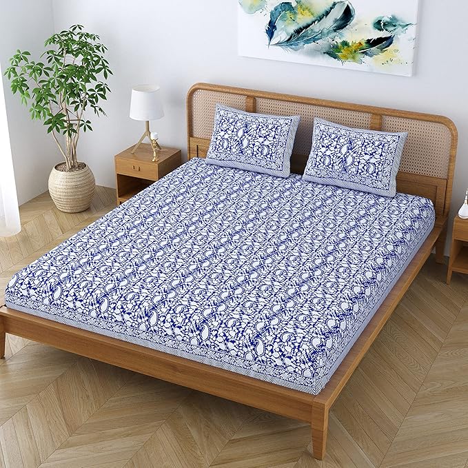 Colorish Cotton Blend Motif Printed Jaipuri Bedsheet for Double Bed King Size with 2 Pillow Covers | Sapphire Blue