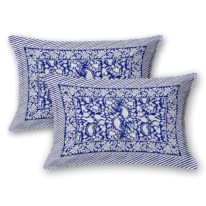 Colorish Cotton Blend Motif Printed Jaipuri Bedsheet for Double Bed King Size with 2 Pillow Covers | Sapphire Blue