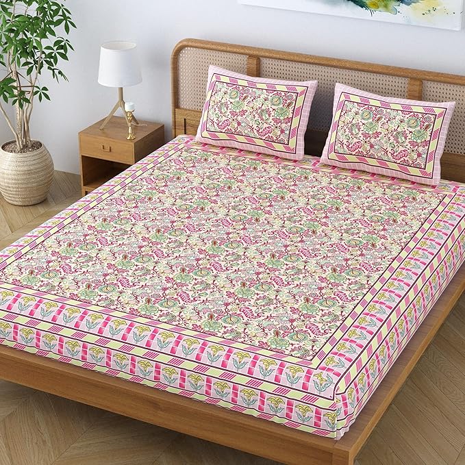 Colorish Cotton Blend Floral Printed Jaipuri King Size Double Bedsheet Set With 2 Pillow Covers | Peach Paradise
