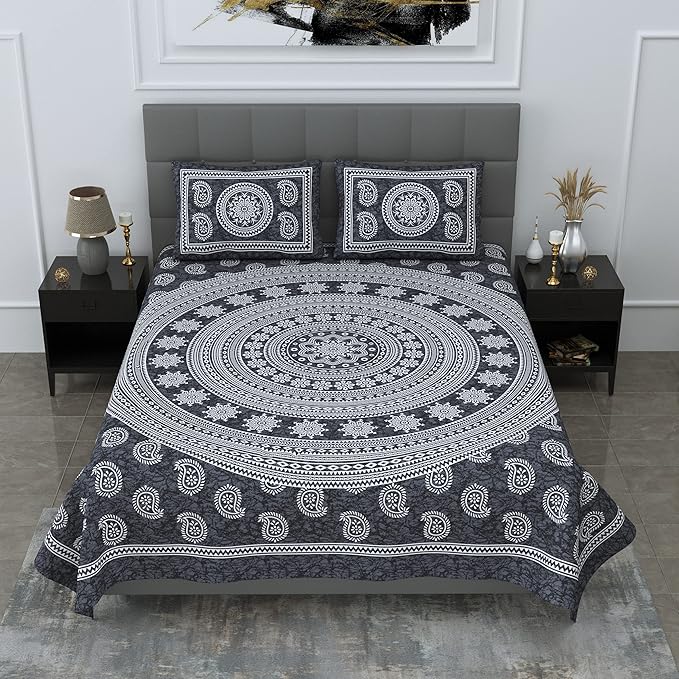 Colorish Motif Mandala Printed 144 Tc Cotton Double Bedsheet With 2 Pillow Covers | Grey
