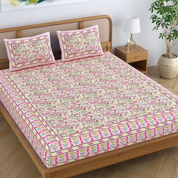 Colorish Cotton Blend Floral Printed Jaipuri King Size Double Bedsheet Set With 2 Pillow Covers | Peach Paradise