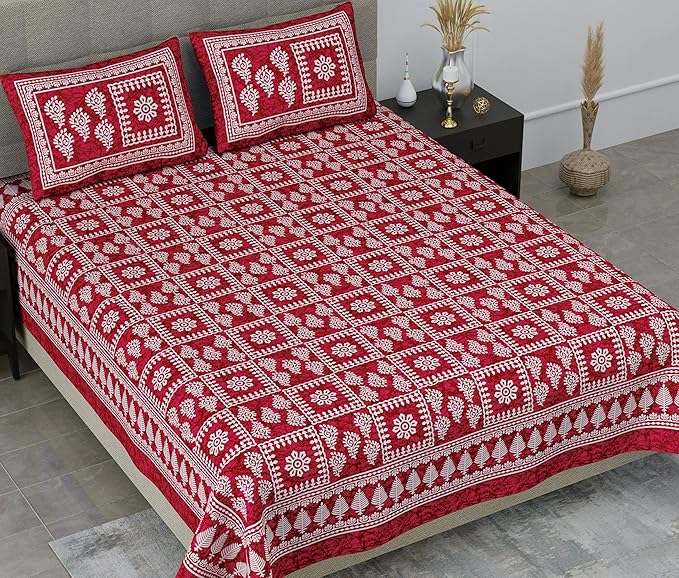 Colorish 144 Tc Squares Printed Jaipuri Floral Printed Cotton Bedsheet With 2 Pillow Covers | Burgundy