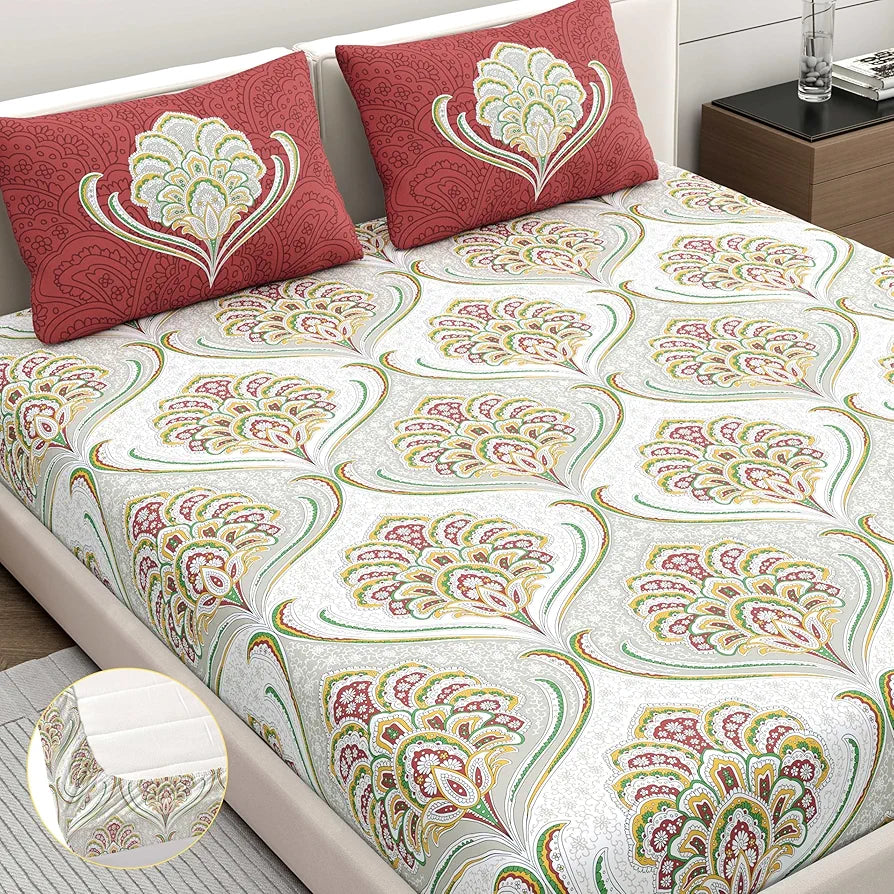 Dreamscape Cotton King Fitted Printed Bedsheet with 2 Pillow Covers Barn Red