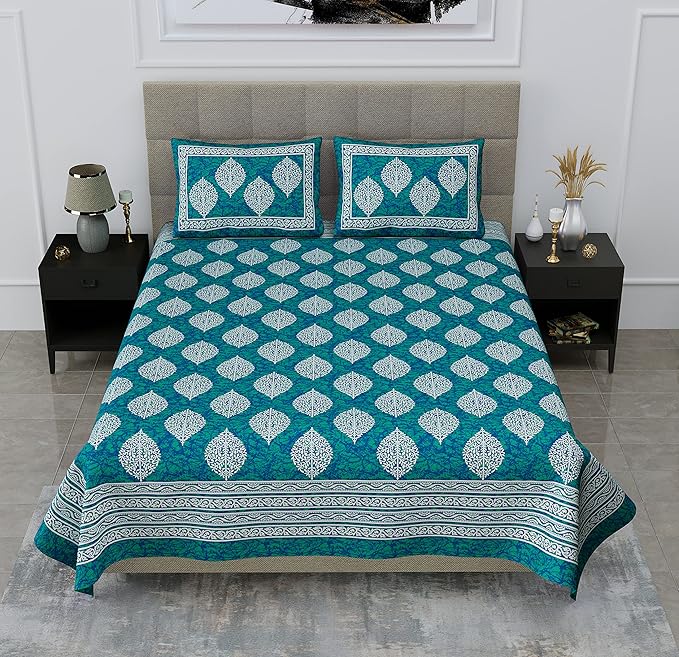 Colorish 144 Tc Cotton Double Bedsheet Motif Printed Jaipuri Floral Bed Sheet With 2 Pillow Covers | Sea Green