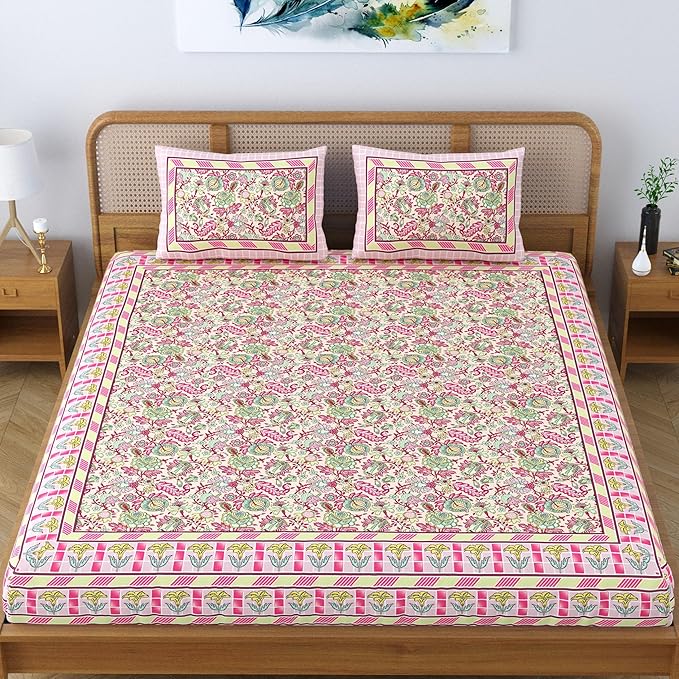 Colorish Cotton Blend Floral Printed Jaipuri King Size Double Bedsheet Set With 2 Pillow Covers | Peach Paradise