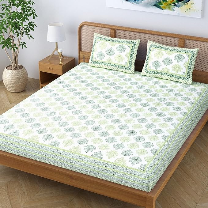 Colorish Jaipuri Traditional Floral Printed Cotton Blend Bed Sheet With 2 Pillow Covers | Pastel Green