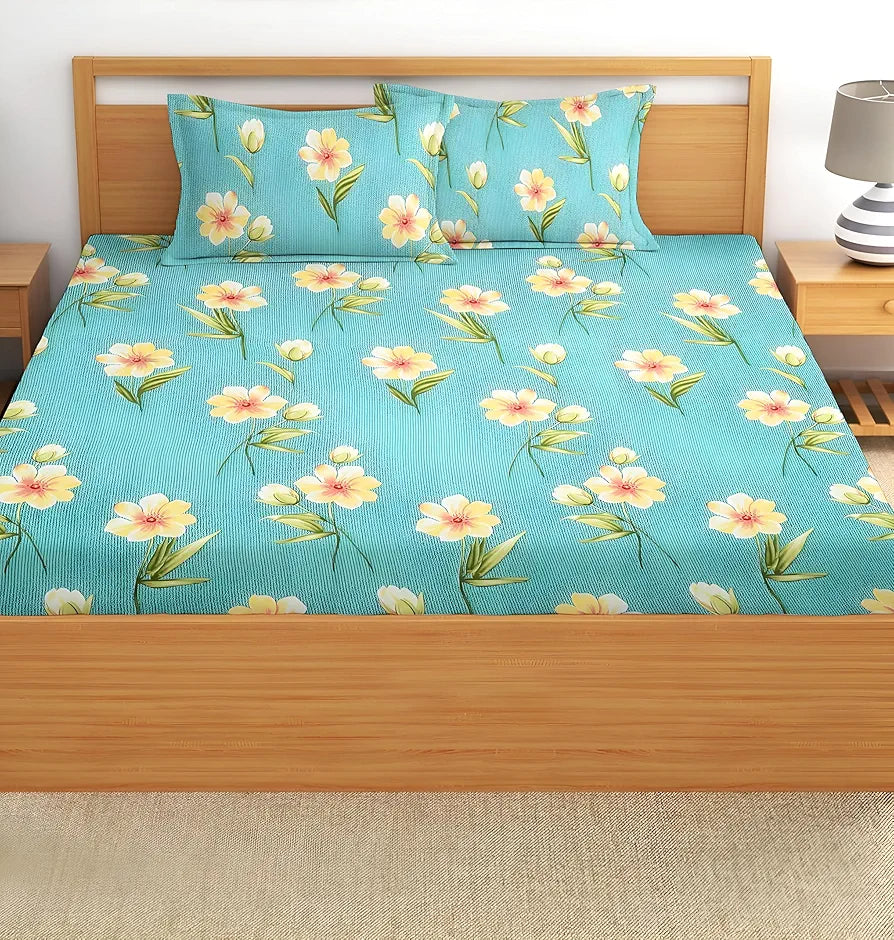 Starnstyle Polycotton 220 TC Floral Printed King Size Double Bedsheet with 2 Pillow Covers Themis