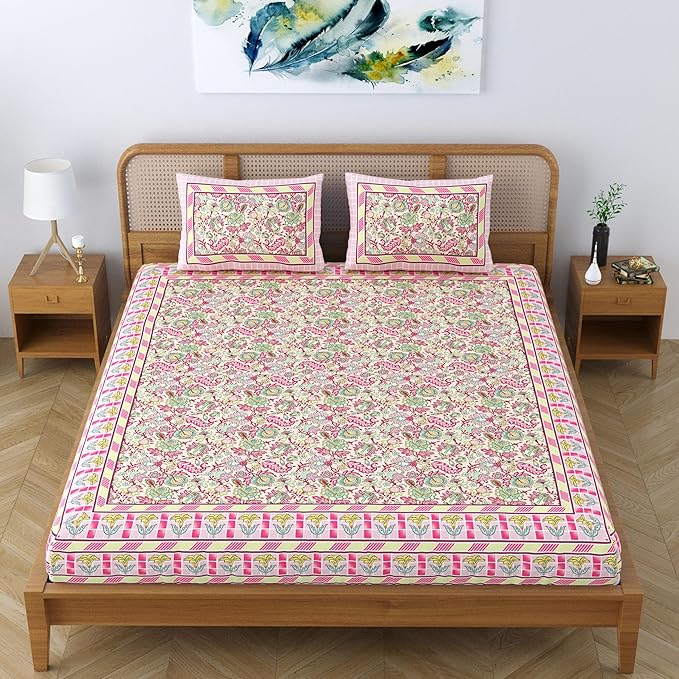 Colorish Cotton Blend Floral Printed Jaipuri King Size Double Bedsheet Set With 2 Pillow Covers | Peach Paradise