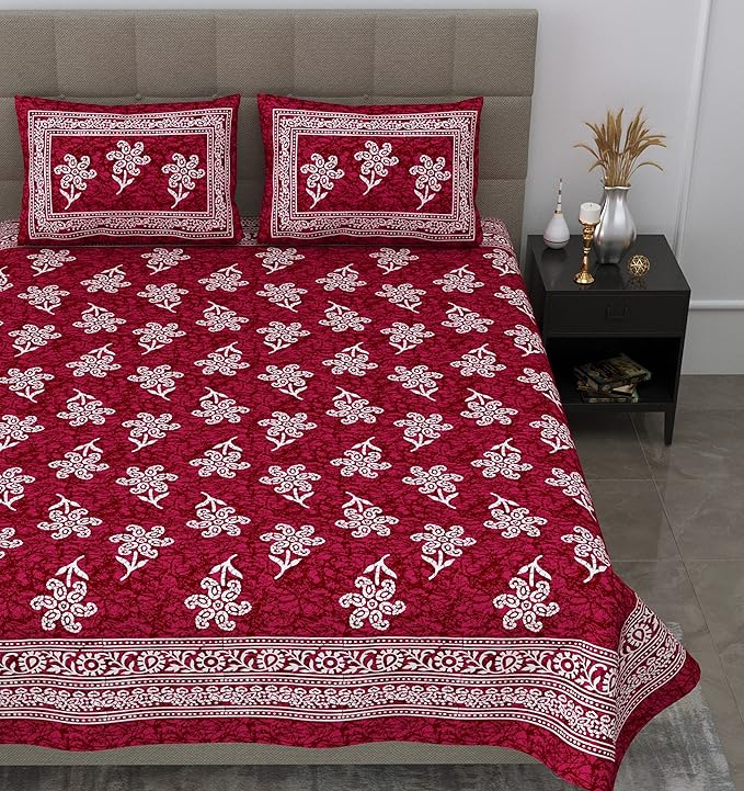 Colorish Floral 144 TC 100% Cotton Double Bedsheet with 2 Pillow Covers | Burgundy