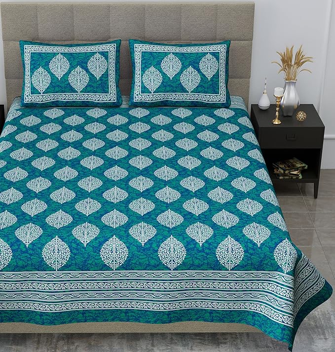 Colorish 144 Tc Cotton Double Bedsheet Motif Printed Jaipuri Floral Bed Sheet With 2 Pillow Covers | Sea Green