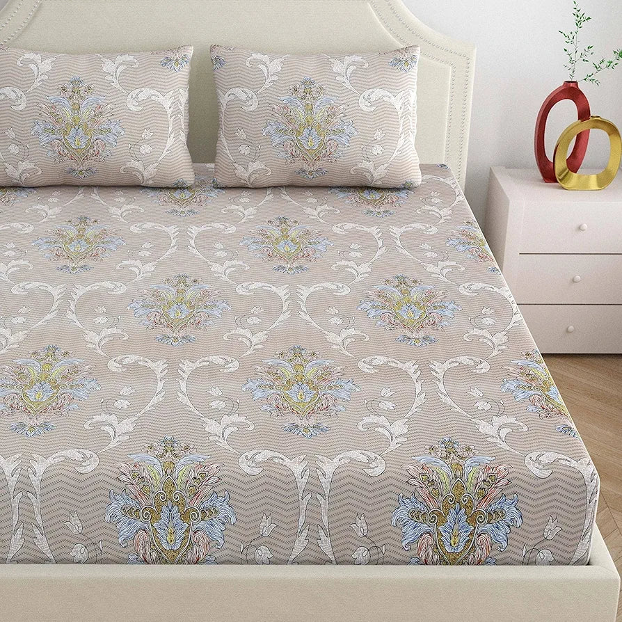Dreamscape Microfibre Wrinkle & Fade Resistant Fitted Bedsheet for King Bed, 140TC, 1 Fitted Bed Sheet  with 2 Pillow Covers Beige Hazelnut Color