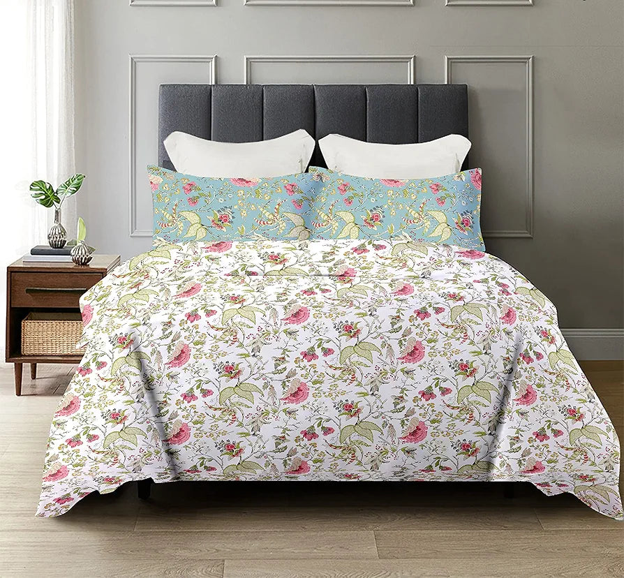 Trance Home Linen 180TC 100% Cotton Printed Zippered Duvet Cover/Blanket/Quilt Comforter Cover/Razai Cover King Size with 2 Pillow Covers Colour Calicut White Green