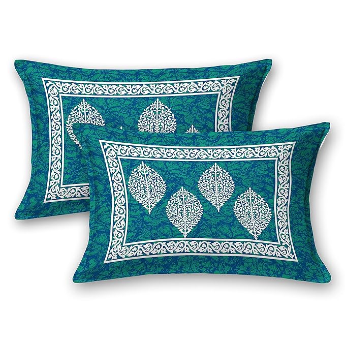 Colorish 144 Tc Cotton Double Bedsheet Motif Printed Jaipuri Floral Bed Sheet With 2 Pillow Covers | Sea Green
