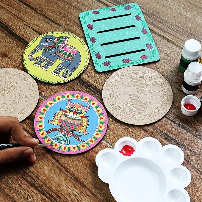 Solobolo Madhubani Painting Kit Tea Coasters With Stand | Art and Craft Coaster Diy Craft Kit | Painting Kit for Kids 6-12