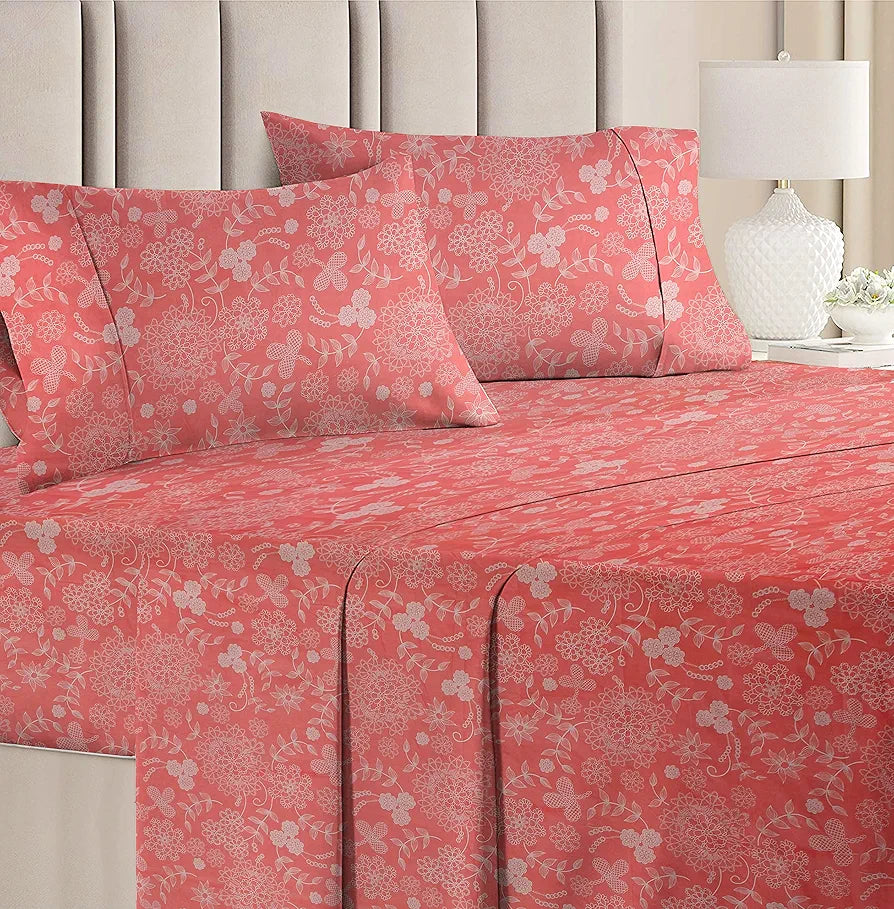 HomeKart Microfiber bedsheet for Double Bed with 2 Pillow Covers Breathable and Soft Touch 144 TC Pattren Floral Pink and White TC - 144 Floral Pink and White
