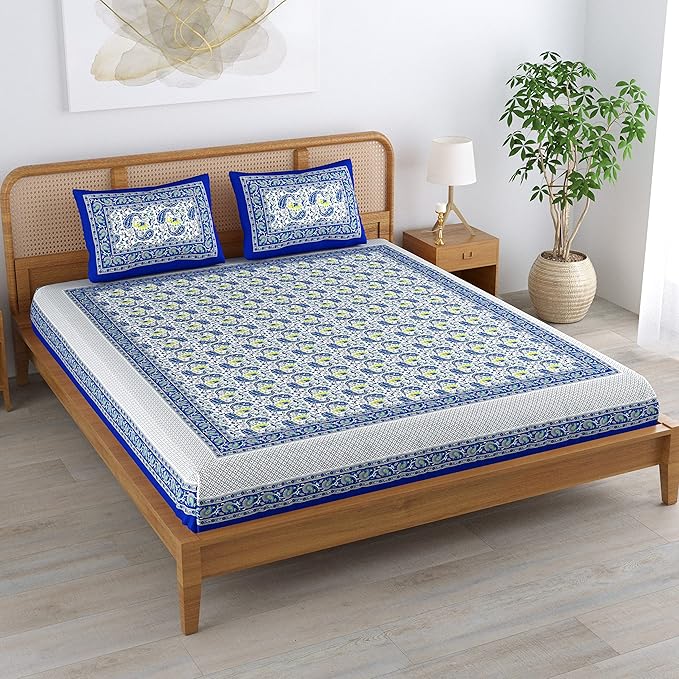 Colorish 120 Tc Cotton Blend Elephant Printed Jaipuri Bedsheet for Double Bed King Size With 2 Pillow Covers | Indigo Blue