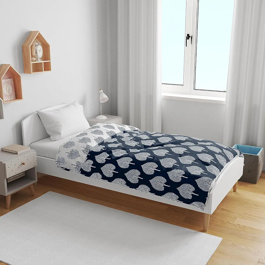 Divine Casa 120 GSM Microfiber Single Kids Dohar Soft & Lightweight Throw Blanket Tree Motif Pattern Colour Navy Blue & White