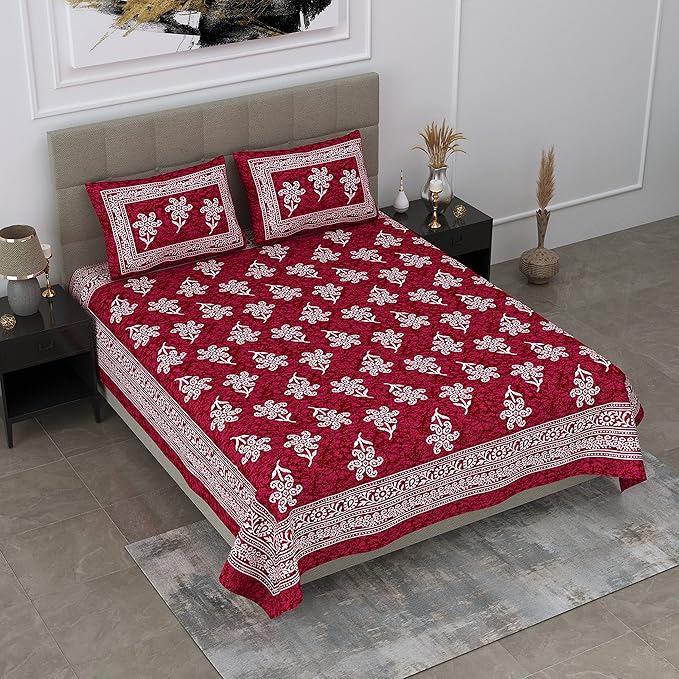 Colorish Floral 144 TC 100% Cotton Double Bedsheet with 2 Pillow Covers | Burgundy