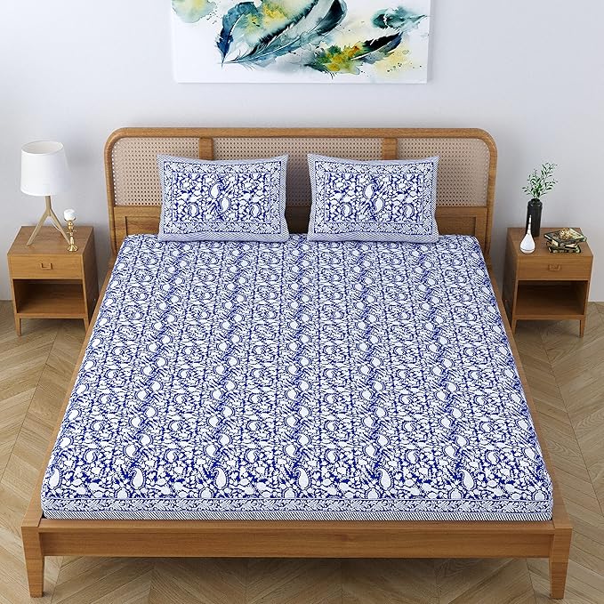 Colorish Cotton Blend Motif Printed Jaipuri Bedsheet for Double Bed King Size with 2 Pillow Covers | Sapphire Blue