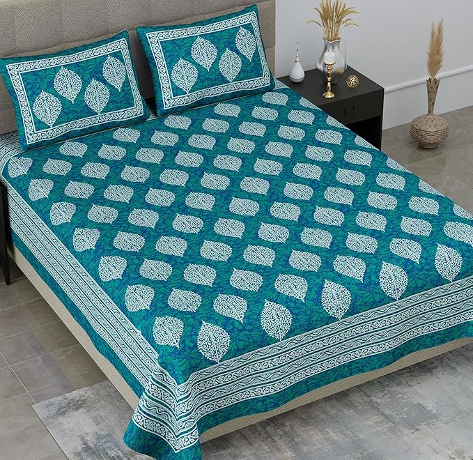 Colorish 144 Tc Cotton Double Bedsheet Motif Printed Jaipuri Floral Bed Sheet With 2 Pillow Covers | Sea Green
