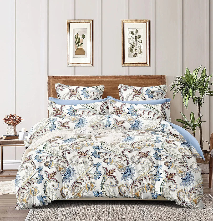 The Home Style 400 TC Supersoft Cotton Feel Glace Cotton Elastic Fitted Printed King Size Double Bed Bedsheet wih 2 Pillow Cover Vanilla Mist