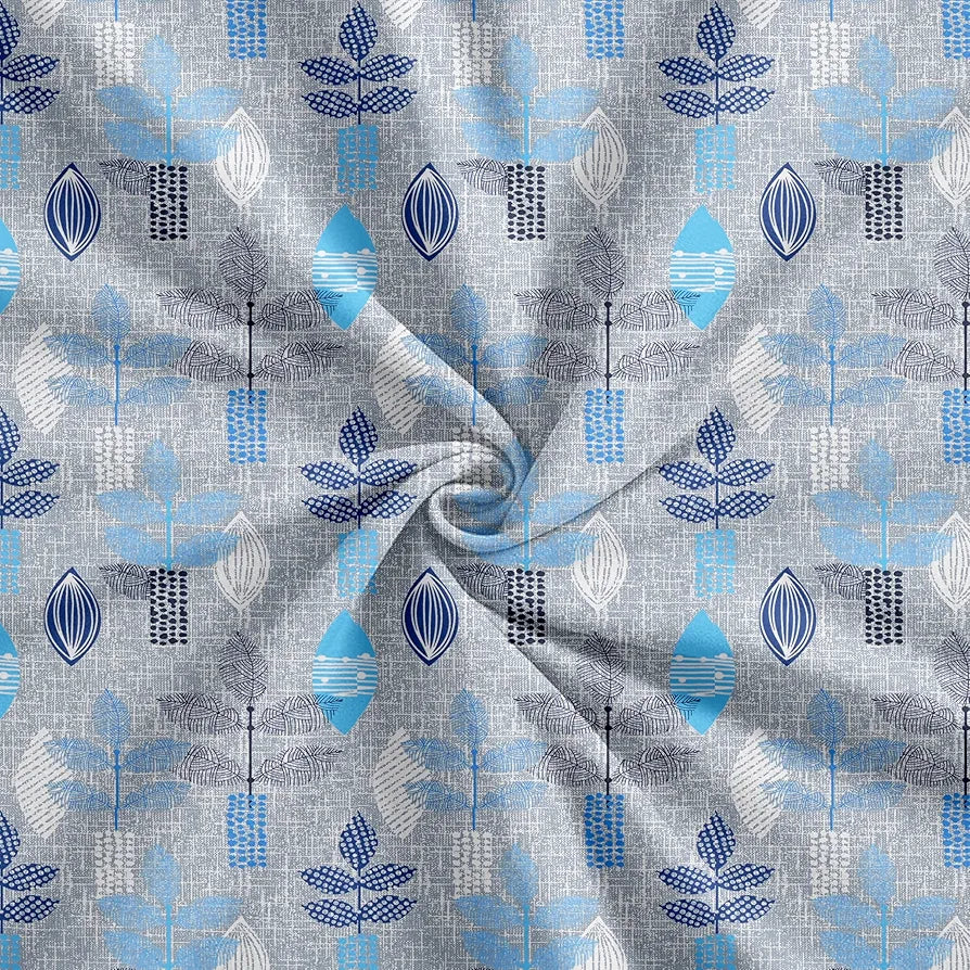 Trance Home Linen Pure 100% Cotton 144Tc Printed King Fitted Bedsheet with 2 Pillow Covers 144 tc Textured Leaves Colour Blue