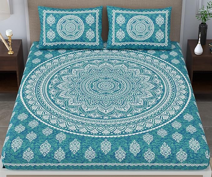Colorish Cotton Blend Traditional Mandala Jaipuri Printed Bedsheet for Double Bed King Size With 2 Pillow Covers | Sea Green