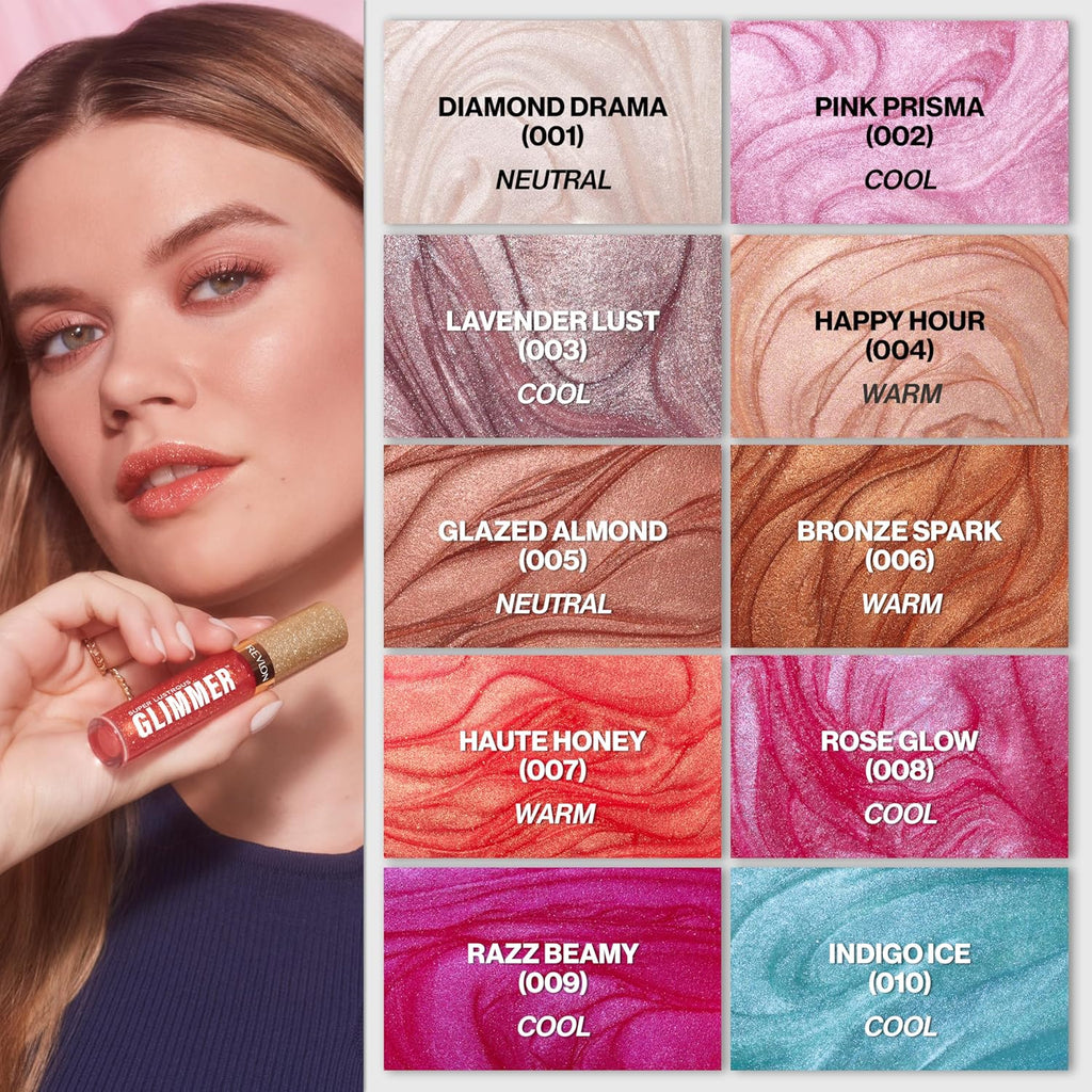 REVLON Super Lustrous Glimmer Gloss, Non-Sticky Lip Gloss, High-Shine Finish, Plant-Based Glitter, 005 Glazed Almond, 3.8 ml