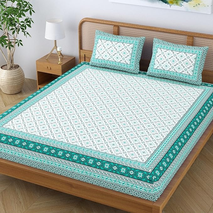 Colorish Cotton Blend Traditional Floral Jaipuri Block Printed Double Bedsheet King Size with 2 Pillow Covers | Turquoise Green