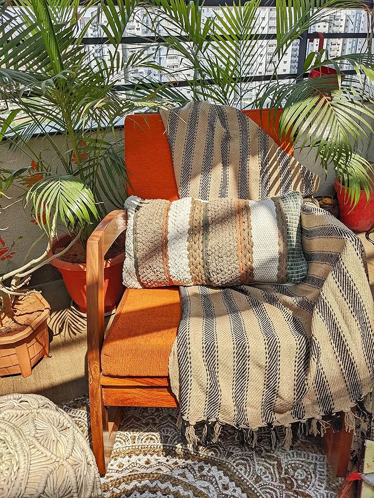 Sashaa World Striped Throw Medium with Tasselled Edges Colour Camel