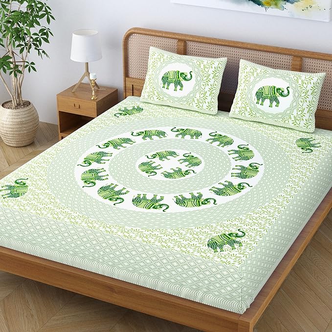 Colorish Jaipuri Traditional Elephant Printed Bed Sheet With 2 Pillow Covers | Pastel Green