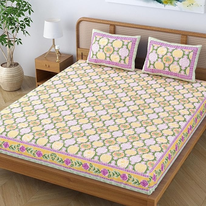 Colorish Cotton Blend Floral Printed Jaipuri King Size Double Bedsheet Set with 2 Pillow Covers | Misty Rose