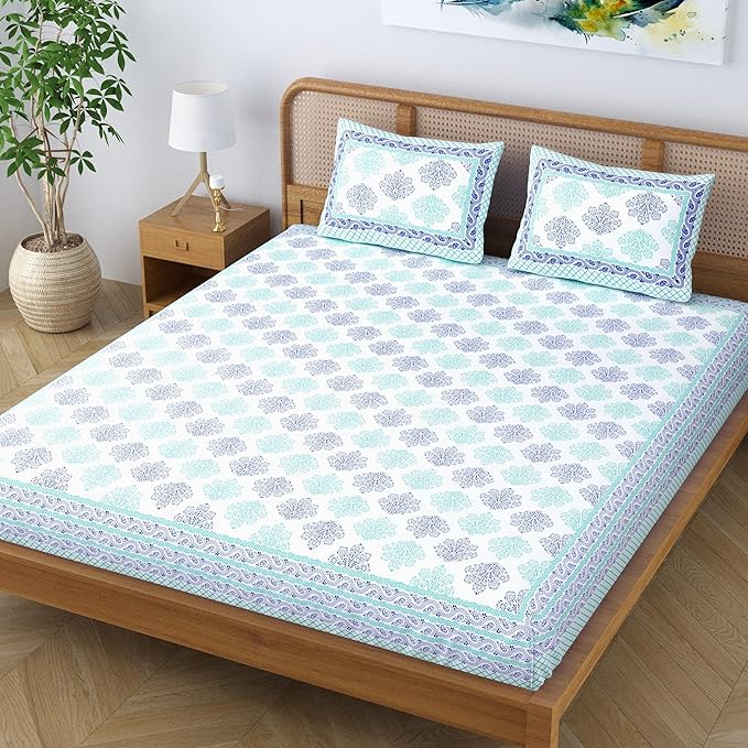 Colorish Jaipuri Traditional Floral Printed Bed Sheet With 2 Pillow Covers | Spectral Blue