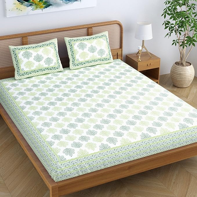Colorish Jaipuri Traditional Floral Printed Cotton Blend Bed Sheet With 2 Pillow Covers | Pastel Green