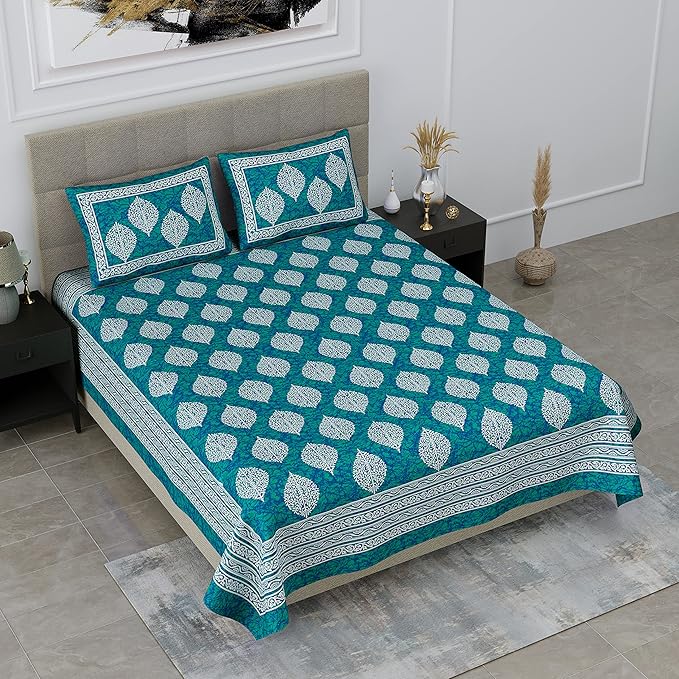 Colorish 144 Tc Cotton Double Bedsheet Motif Printed Jaipuri Floral Bed Sheet With 2 Pillow Covers | Sea Green