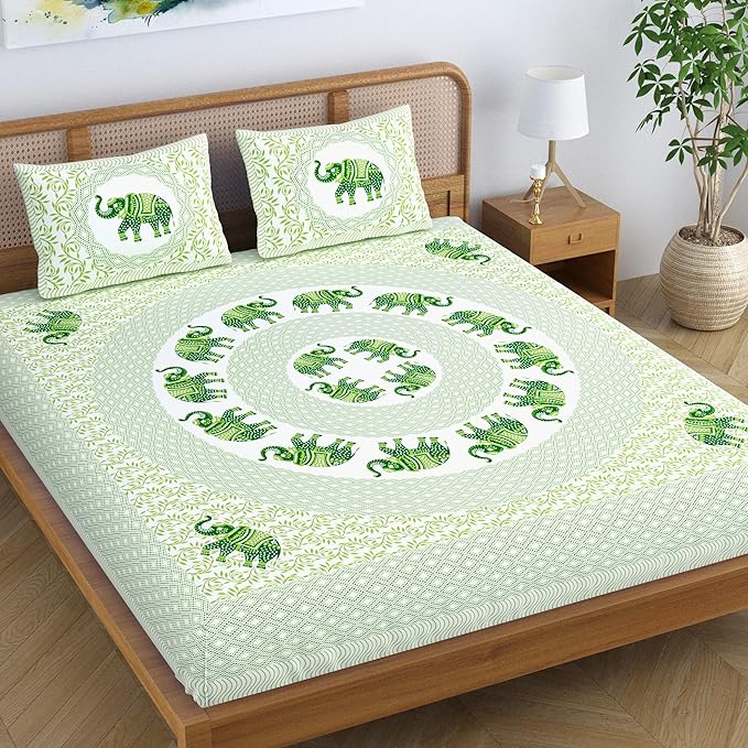 Colorish Jaipuri Traditional Elephant Printed Bed Sheet With 2 Pillow Covers | Pastel Green