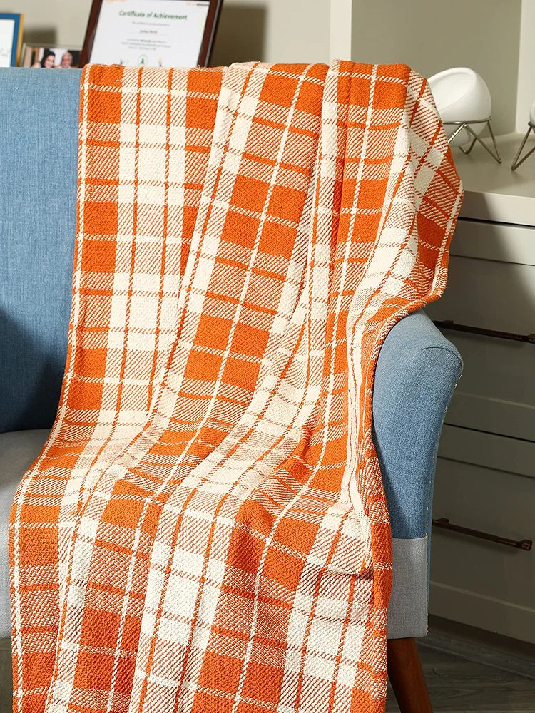 Sashaa World Plaid Blanket Throw Colour Orange & White