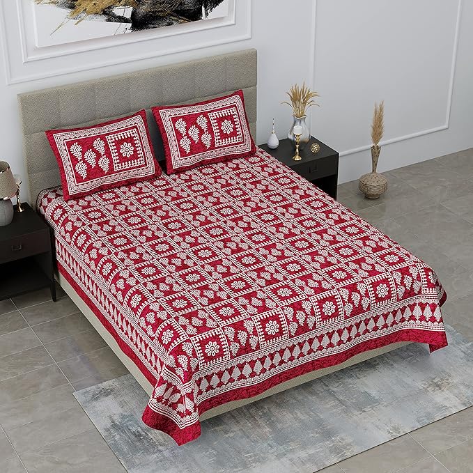Colorish 144 Tc Squares Printed Jaipuri Floral Printed Cotton Bedsheet With 2 Pillow Covers | Burgundy