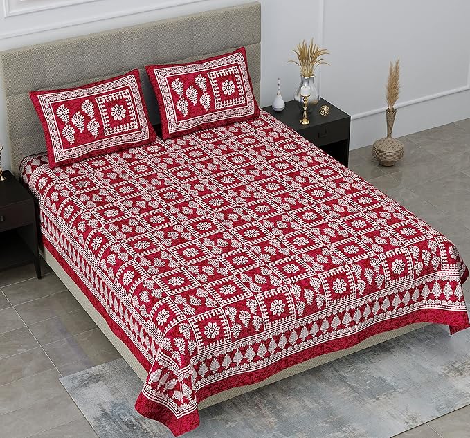 Colorish 144 Tc Squares Printed Jaipuri Floral Printed Cotton Bedsheet With 2 Pillow Covers | Burgundy