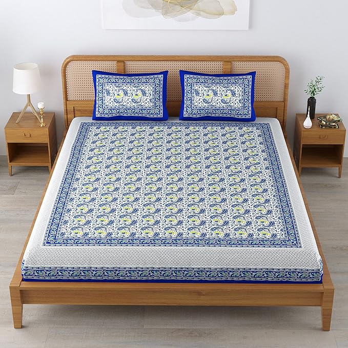 Colorish 120 Tc Cotton Blend Elephant Printed Jaipuri Bedsheet for Double Bed King Size With 2 Pillow Covers | Indigo Blue