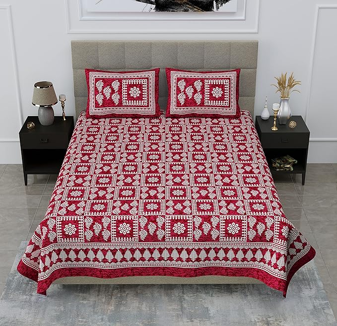 Colorish 144 Tc Squares Printed Jaipuri Floral Printed Cotton Bedsheet With 2 Pillow Covers | Burgundy