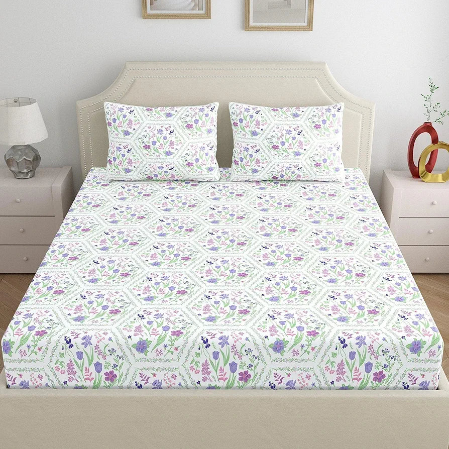 Dreamscape Cotton King Fitted Bedsheet with 2 Pillow Covers Orchid Bloom