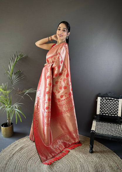 Joban Fashion Peach Flower Jall Pattern Soft Silk Banarasi Saree