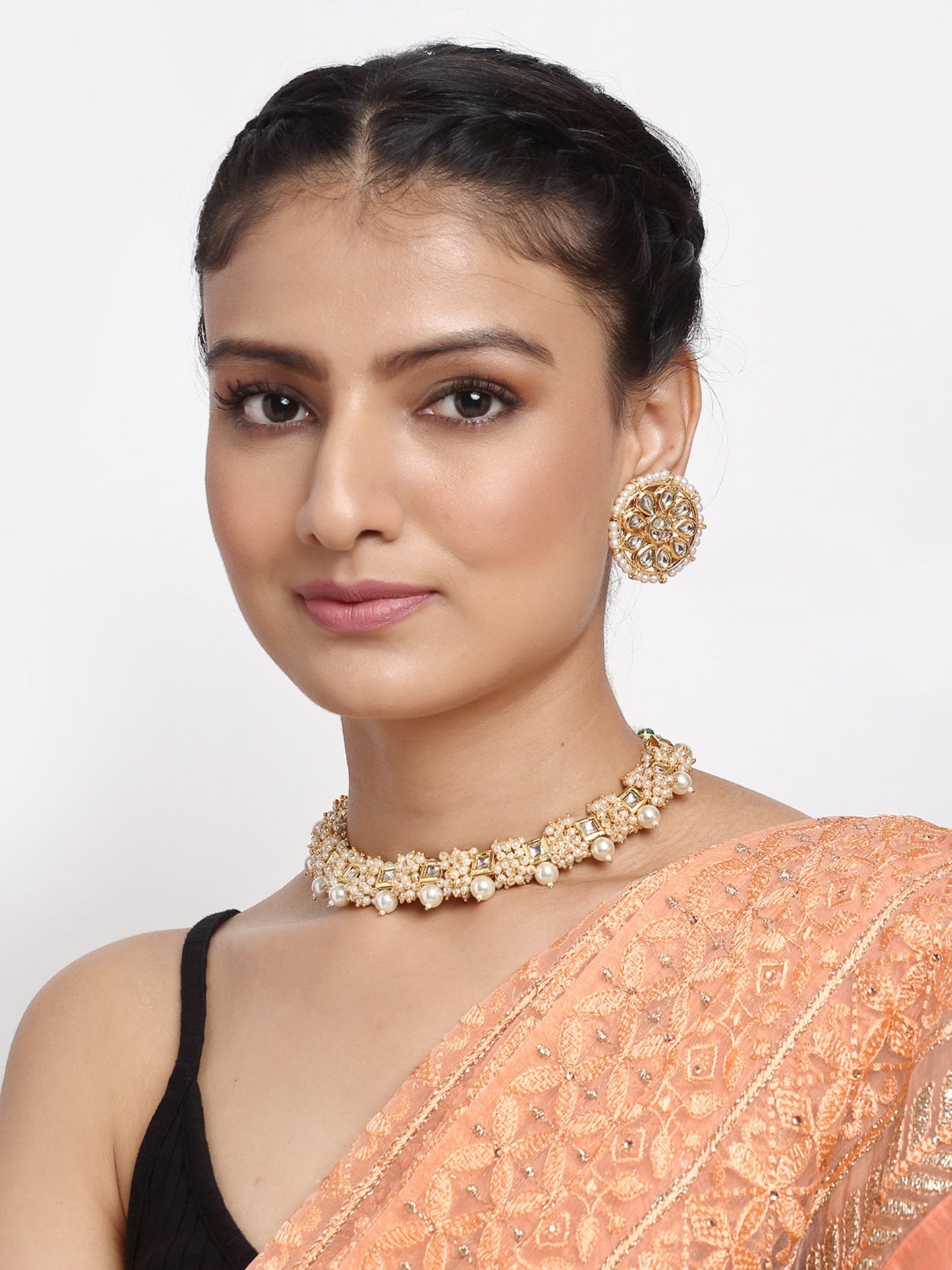 Pearl Kundan Choker With Studs - Ruby Raang