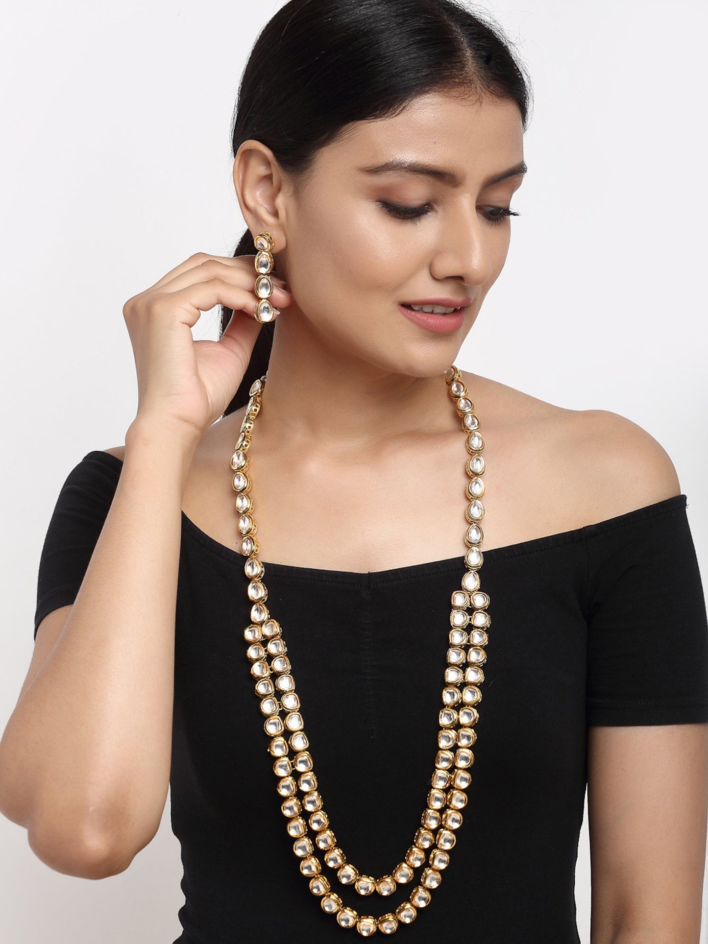 Gold-Polished Long Kundan Neckpiece With Earrings - Ruby Raang