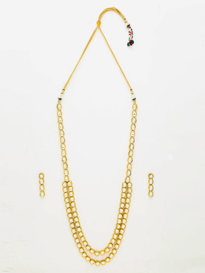 Gold-Polished Long Kundan Neckpiece With Earrings - Ruby Raang